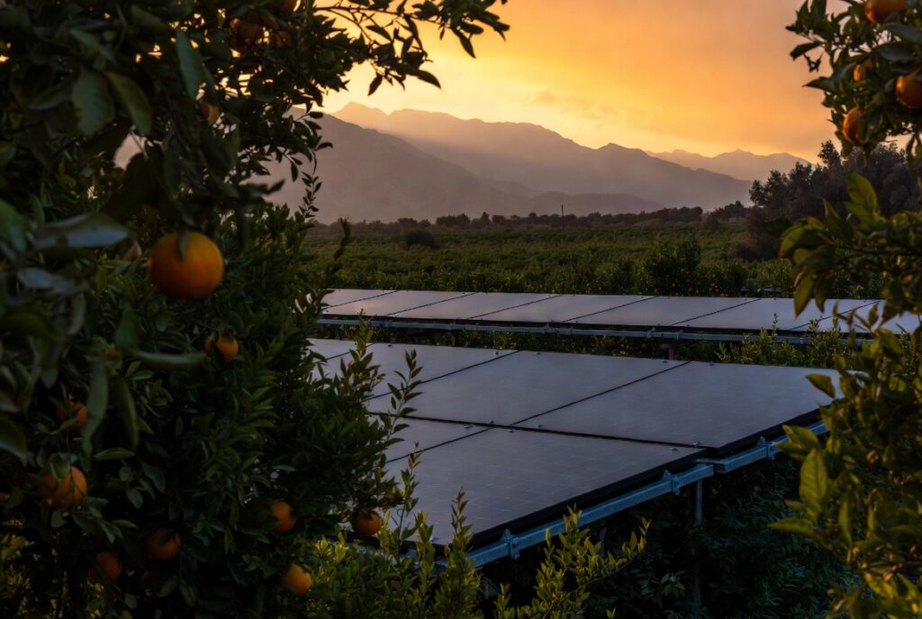 Panneaux solaires du projet solaire Souss-Massa installés dans une plantation d'agrumes près d'Agadir
